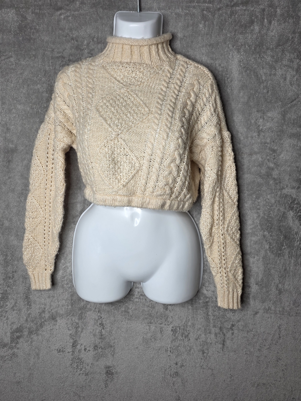 Sanctuary Women’s XS Cream Cable Knit Turtleneck Cropped Sweater Boho Cozy